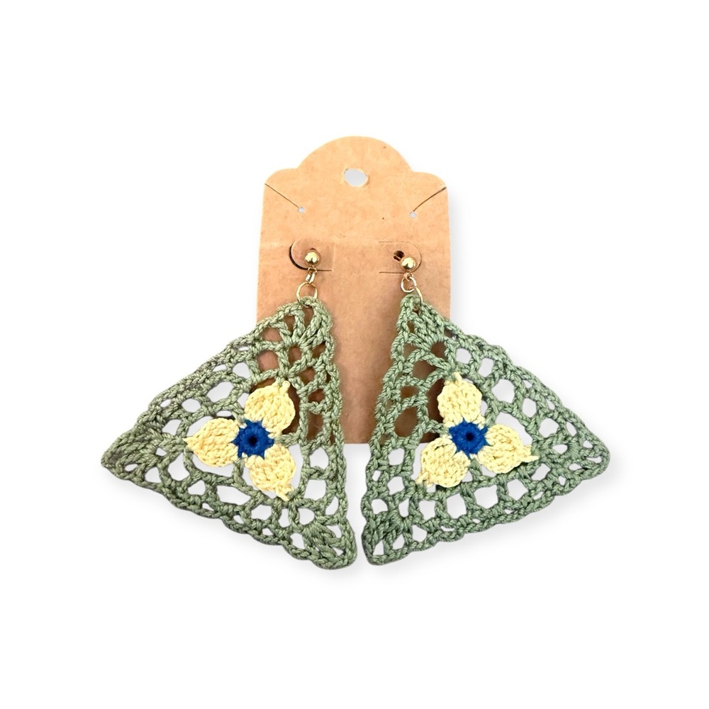 Hand Crafted Green and Yellow Crochet Earrings with Blue Accent